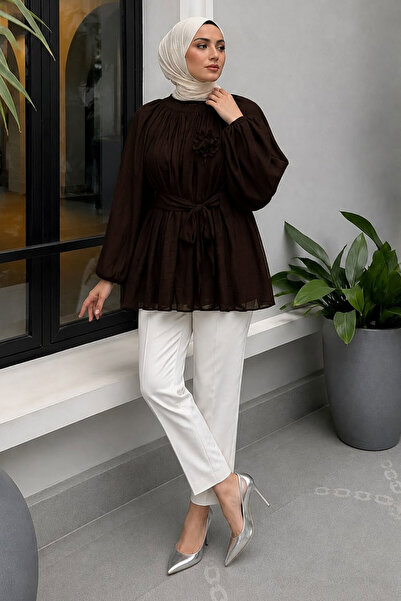 Tesettür Dünyası Floral Detailed Balloon Sleeve Tunic Tsd260264 Brown