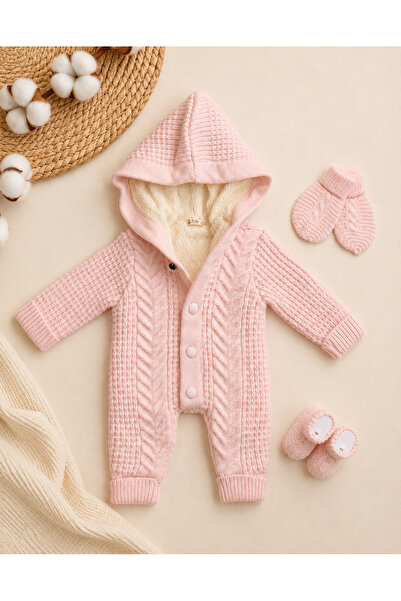 a baby Selani̇k Knitted Lamb Fleece Lined Jumpsuit + Booties + Gloves