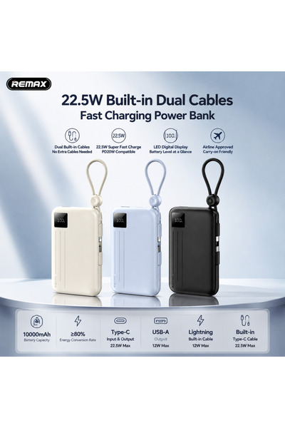 Remax 10000mAh Portable Power Bank 22.5W Fast Charge, USB & Bidirectional Typ...