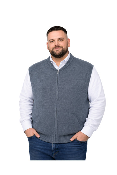 BattalModa Erkek Büyük Beden İndigo Hattush Cepli Fermuarlı Yelek 5XL-6XL-7XL...
