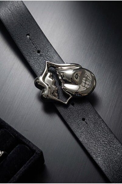 Köstebek Black Silver Lips Gothic Leather Belt