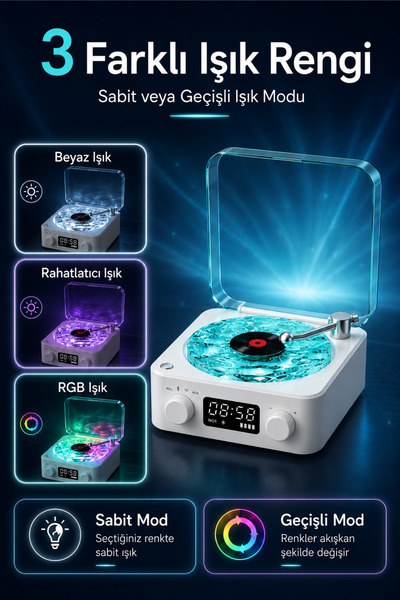 Arfseb RGB Işıklı Retro Pikap Gramofon Müzik Çalar Bluetooth Hoparlör AUX TF Kart Destekli Dijital