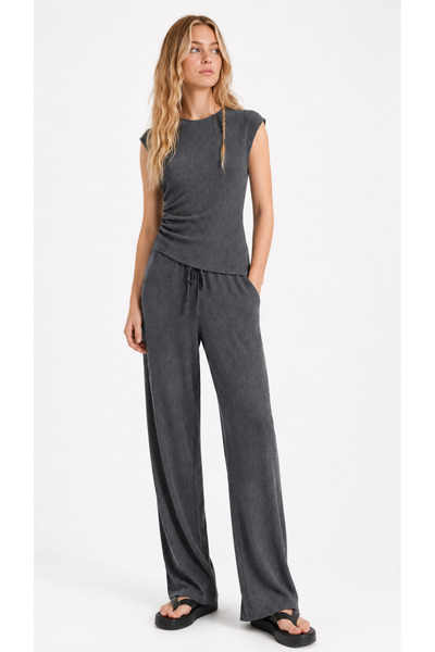 Kallisto Anthracite Wrinkled Gathered Detailed Top Relaxed Fit Pants Set