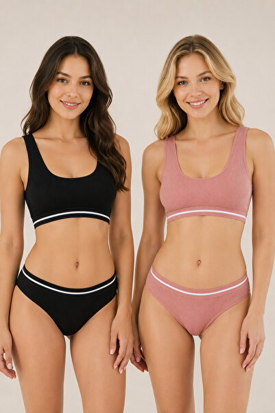 Nymora Women's Padded Cotton Camisole Bustier Panties Set 2-Piece Black-Dry Rose