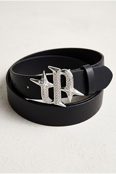 Köstebek Black Stone Monogram Leather Belt