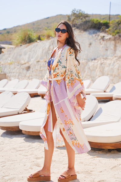 Mita Concept Patterned Linen Bat Sleeve Kimono