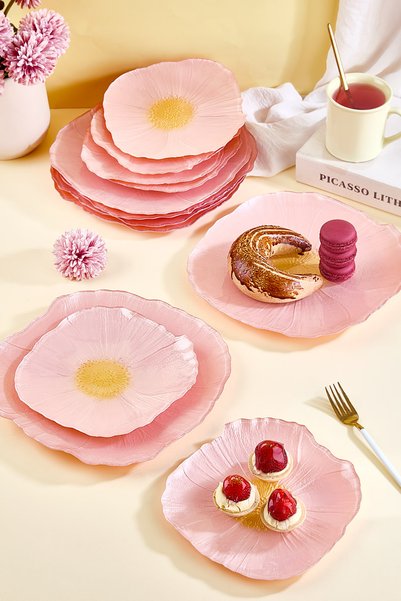 Lora Bianca Alba 12 Piece Pink Floral Pattern Serving and Cake Presentation Plate Set