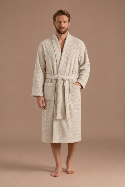 Anılsan Atlas Kimono Collar Men's Bathrobe – Light Beige 100% Cotton