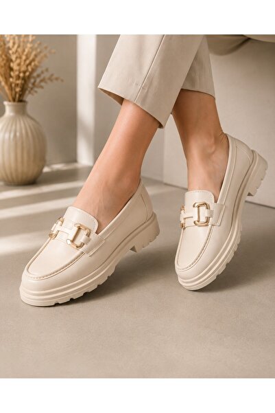 Zenora Shoes Kadın Tokalı Loafer Makosen Bej Kalın Tabanlı Ortopedik Ayakkabı