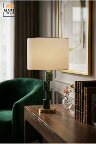 MARIA HOMES Modern Green Marble Effect Table Lamp with Geometric Column, Whit...