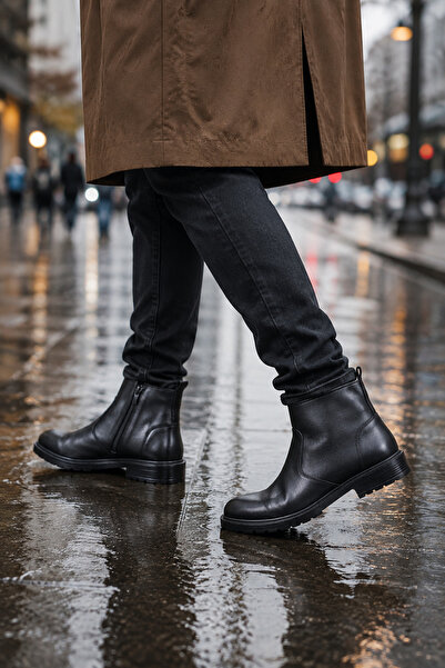 Ekonomik Ayakkabı Men's Black Zippered Ankle Boots Classic Daily City Boots S...