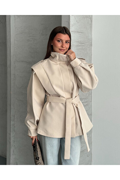 My Blog Cream Epaulettes High Collar Tie-Up Trench Coat - 4025