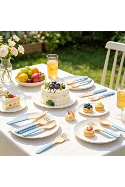 idei Biodegradable wooden cutlery 16 cm, 12PC set, blue handle, disposable cu...