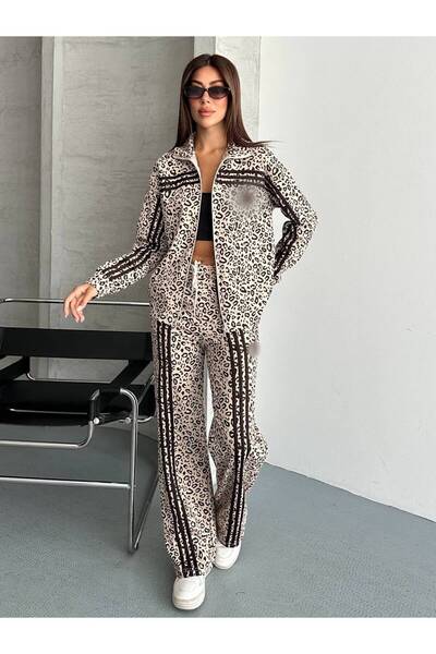 mylunessa Beige Leopard Patterned Mid-Stripe Tracksuit Set