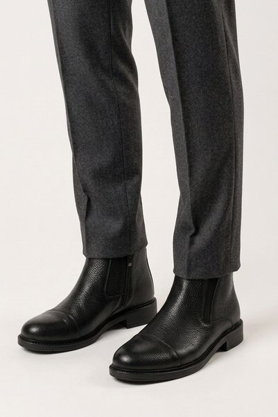 GRADA Black Natural Printed Genuine Leather Men's Boots with Fur Plush Lining Zippered and Elastic Classic Casual Winter Men's Real Leather Boots
