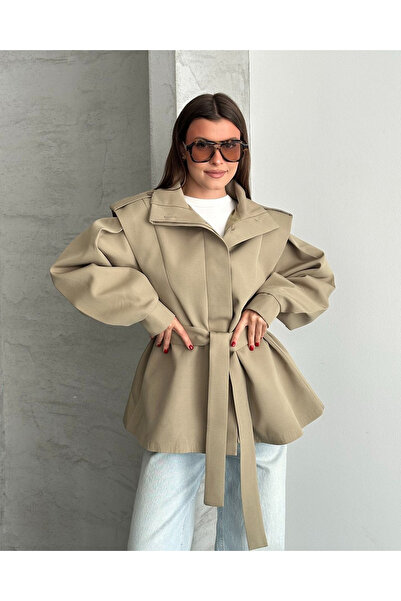 My Blog Khaki Epaulettes High Collar Tie-Up Trench Coat - 4025