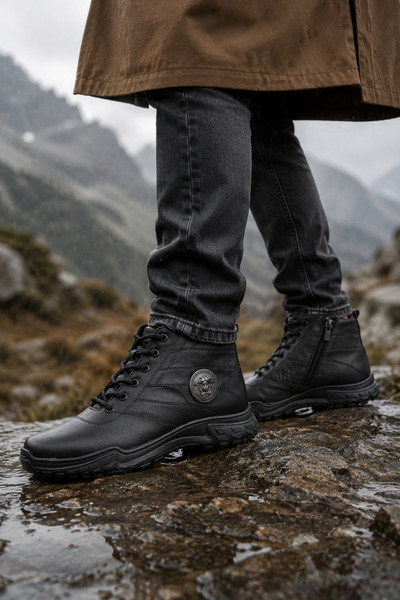 Ekonomik Ayakkabı Men's Black Outdoor Boots Lace-Up Zippered Thick Sole Ankle...