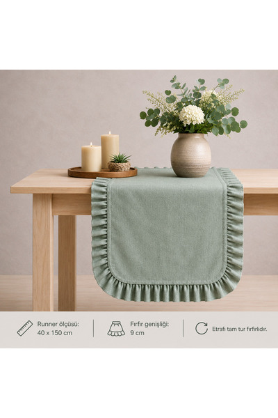 Original Co Organic Raw Linen Ruffled Table Runner 40X150 cm - Buldan Woven L...