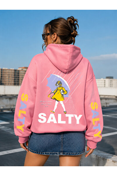 ZAVIXO Salty Baskılı 3 İplik Oversize Hoodie Kapüşonlu Kol ve Sırt Baskılı Sw...