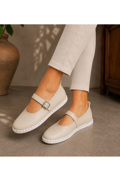 MELİS'E Genuine Leather Large Size Mary Jane Orthopedic Comfortable Sole Casu...
