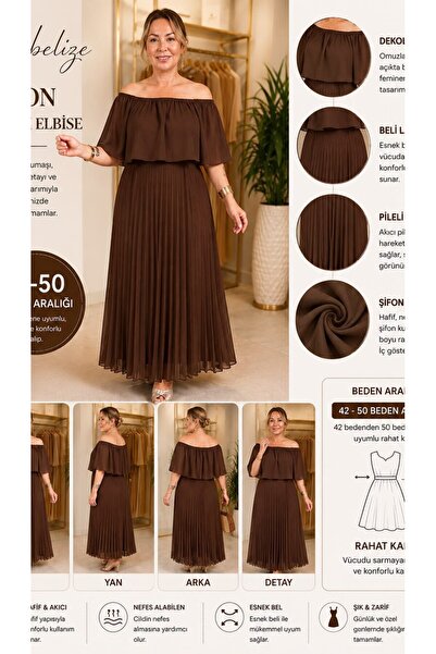 SİBELİZE Plus Size Pleated Lined Elegant Maxi Dress