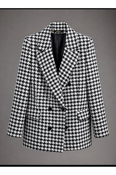 PARKDERİN Plus Size Long Black Checked Houndstooth Blazer Jacket
