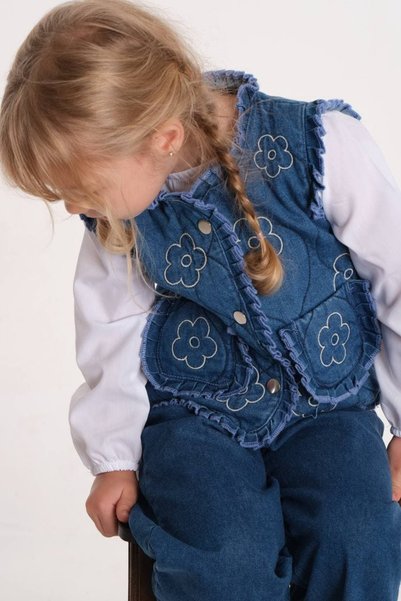 TINY BEAR Embroidery Detailed Quilted Denim Jacket, Jeans and Shirt 3-Piece Set