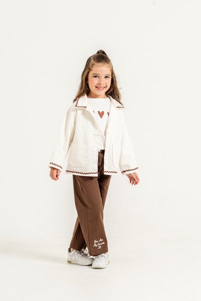 Jikko Baby Girl's Heart Printed T-Shirt, Piping Detailed Jacket and Embroidered Wide-Leg Trousers 3-Piece Set 9110 Spr