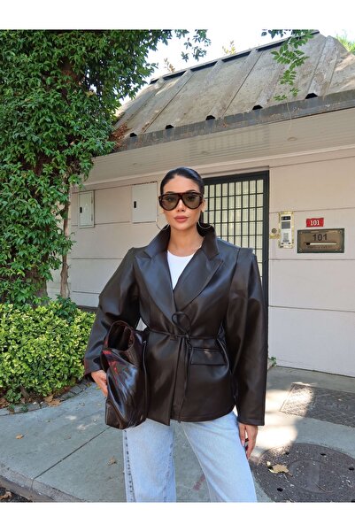 ESRAHELVACI Single Button Slim Belted Leather Jacket