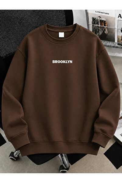 MODARİCH Unisex Kadın/Erkek Brooklyn Renkli Özel Baskılı Oversize Bisiklet Yaka Pamuklu Sweatshirt