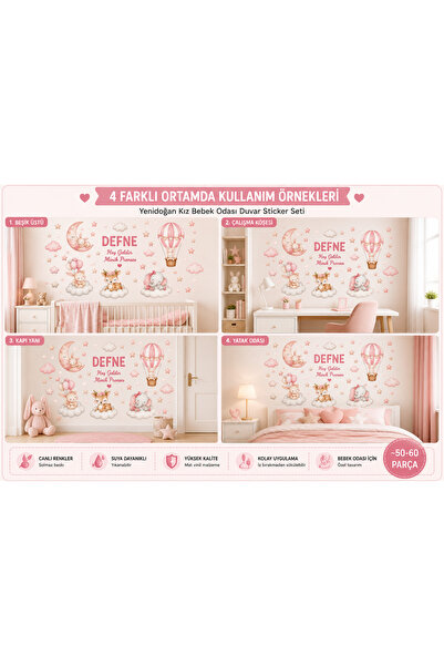reklamcın Kişiye Özel İsimli Yenidoğan Kız Bebek Odası Duvar Sticker Seti – A...