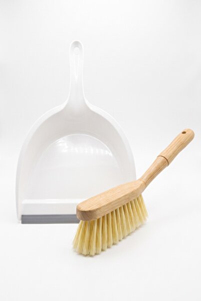 MAKRİ HOME Dustpan and Bamboo Handle Broom Brush Set, 2 Pieces, White, 35 cm ...