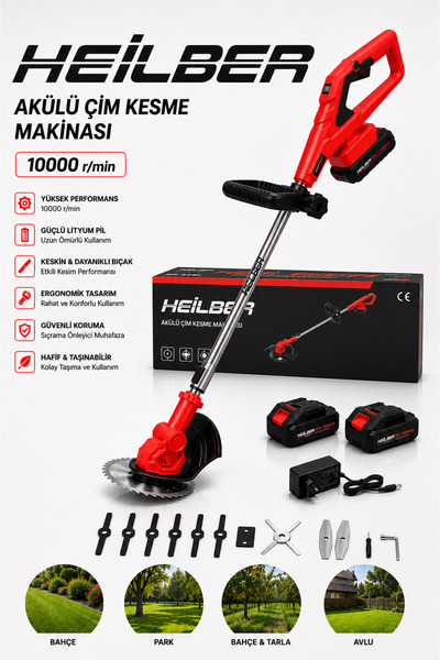 HEİLBER BA011529 Akülü Çim Biçme Makinesi 21V 10000 Devir 2 Bataryalı 1 Şarjl...