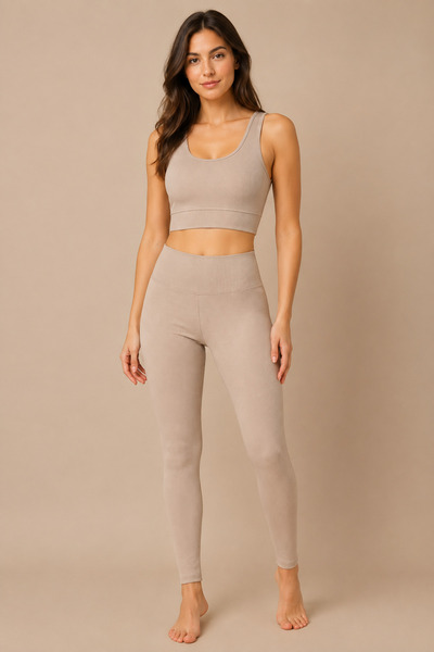 Nymora Women's Padded Ribbed Crop High Waist Leggings Sports Set Stone