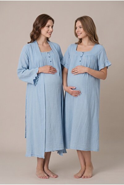 LOHOUSE Women's Indigo Muslin Fabric Short-Sleeved Maternity Nightgown Set wi...