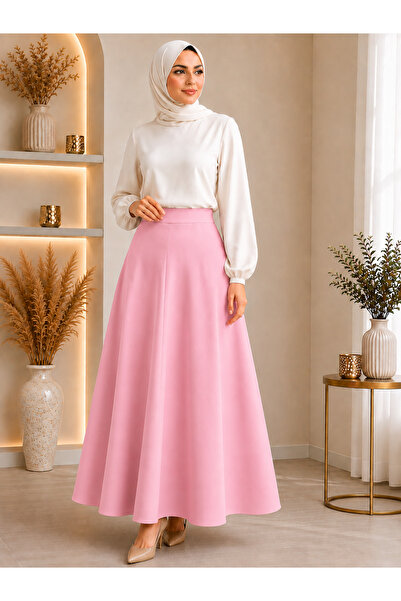Olse Women's Powder Pink Knitted Scuba Crepe Hijab and Casual Skirt Length: 9...