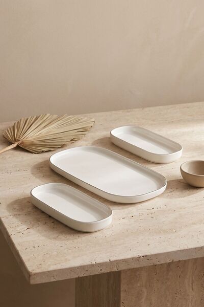 RUBİ PORSELEN Modern Platinum Silver Gilded Cream Porcelain 3-Piece Kayık Ser...