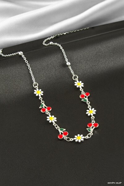 ZERO LAND Spt-Gld Daisy Cherry Enamel Necklace (125236) Silver Color