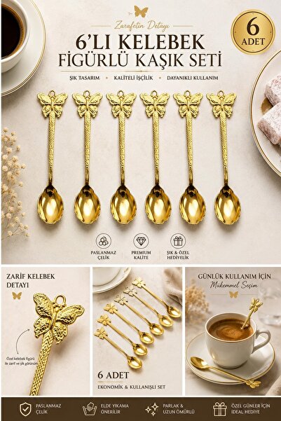 Kitchen Beauty 6 Adet Gold Kelebek Detaylı Kaşık Seti Çay Kaşığı Paslanmaz Premium Kaşık