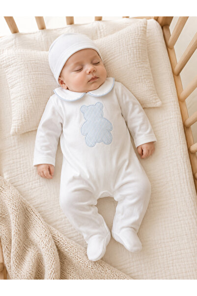 limebabies Baby Boy Teddy Bear Embroidered 100% Cotton Hat and Romper Set