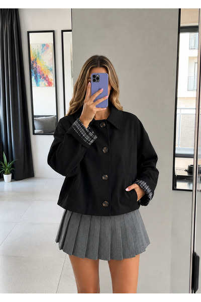 Ekim Store Lined Plaid Buttoned Trench Jacket