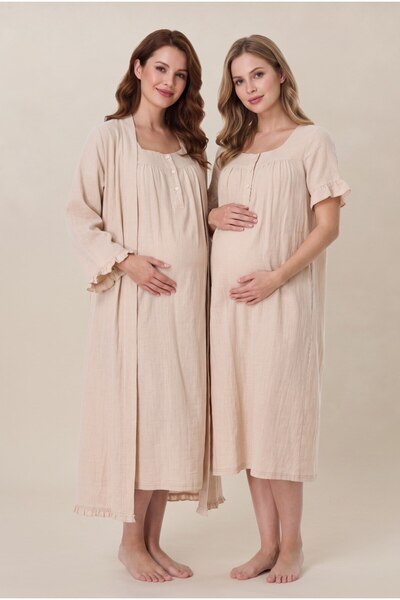 LOHOUSE Women's Beige Muslin Fabric Short-Sleeved Maternity Nightgown Set wit...