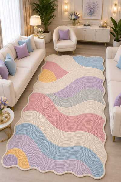 Bordo Halı Pastel Renkli Dalgalı Desen Dijital Baskılı Halı Çocuk Odası ve Ot...