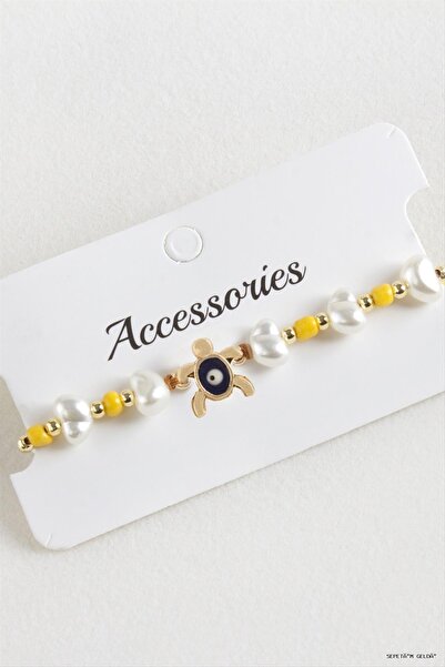 ZERO LAND Spt-Gld Turtle Bead Pearl Macrame Cord (132420) Bracelet Yellow