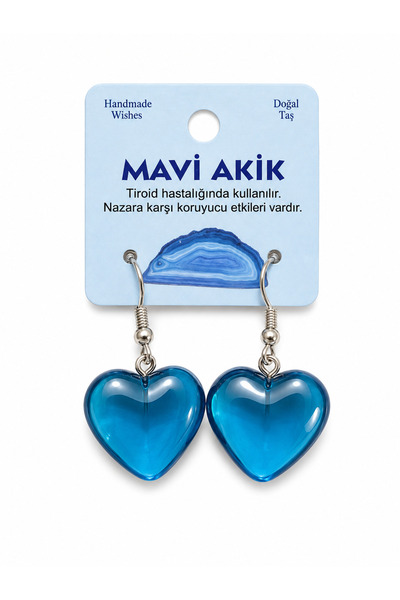 Mavi Akik Taşı Kalp Sallantılı Gümüş Renk Kadın Küpe