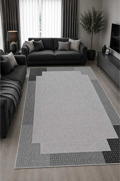 Bordo Halı Gri Çerçeveli Nohut Dokulu Dijital Baskılı Halı Modern Oturma Odas...