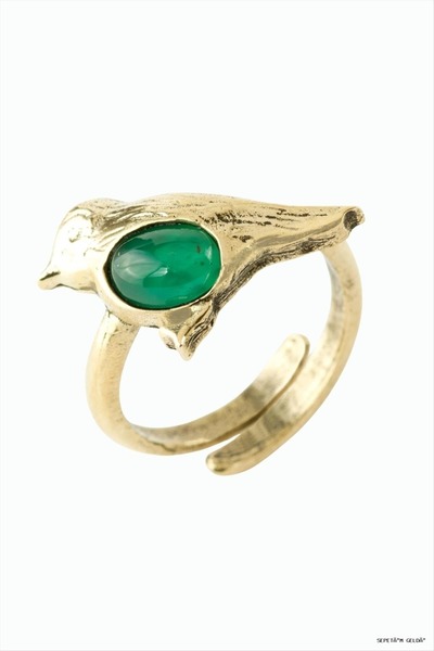 ZERO LAND Spt-Gld Bird Natural Stone Authentic Ring (131716) Green Agate