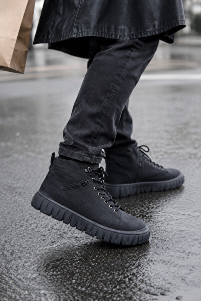 Ekonomik Ayakkabı Men's Black High Ankle Boots Sneaker Lace-Up Zippered Thick...