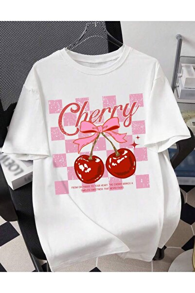 LELVANİ The Cherry Brings a Timeless Pink Checked Cherry Print T-Shirt
