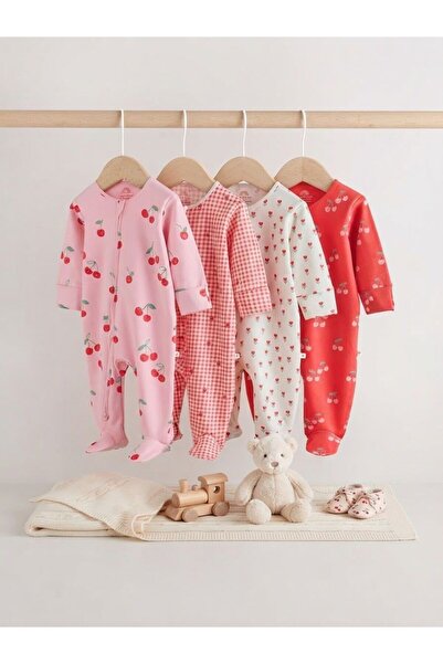 Next Baby Pamuklu Kırmızı/Pembe Çift Yönlü Fermuarlı 4'lü Tulum Set